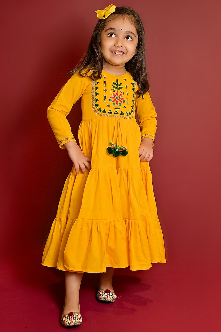 Mustard Yellow Cotton Mirror Hand Embroidered Dress For Girls by Cord Of Love at Pernia's Pop Up Shop