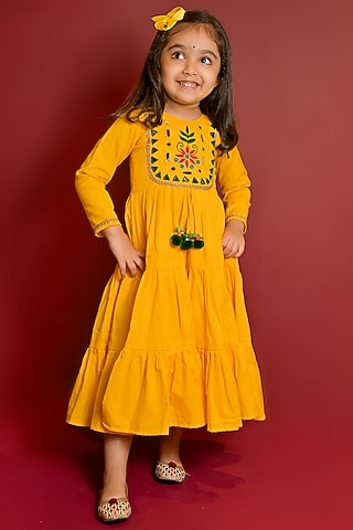 Mustard Yellow Cotton Mirror Hand Embroidered Dress For Girls by Cord Of Love