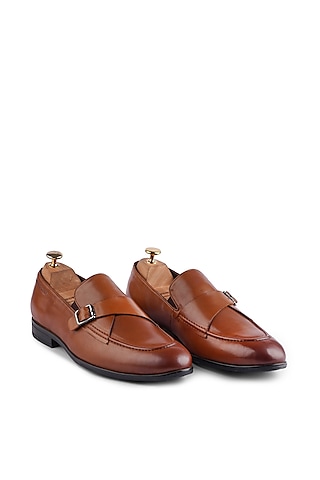 Tan Premium Calf Leather Handcrafted Monk Strap Loafers by Cordwainers