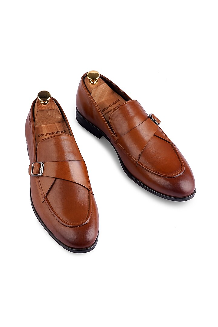 Tan Premium Calf Leather Handcrafted Monk Strap Loafers by Cordwainers at Pernia's Pop Up Shop