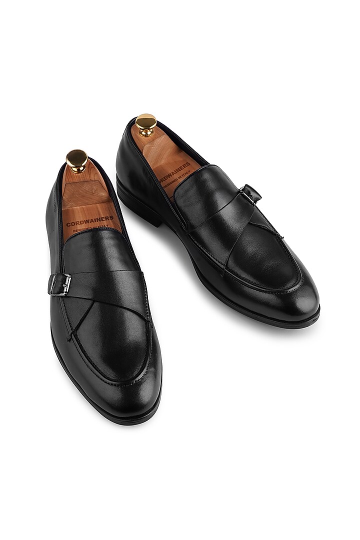 Black Premium Calf Leather Handcrafted Monk Strap Loafers by Cordwainers at Pernia's Pop Up Shop