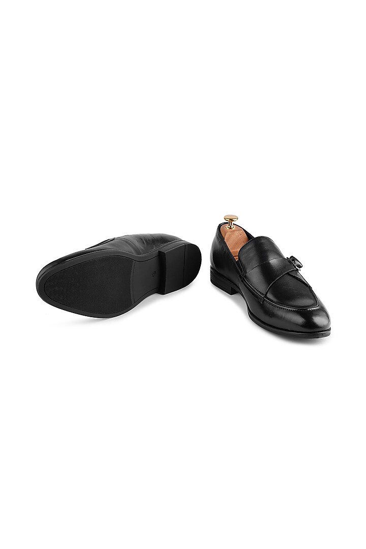 Black Premium Calf Leather Handcrafted Monk Strap Loafers by Cordwainers at Pernia's Pop Up Shop