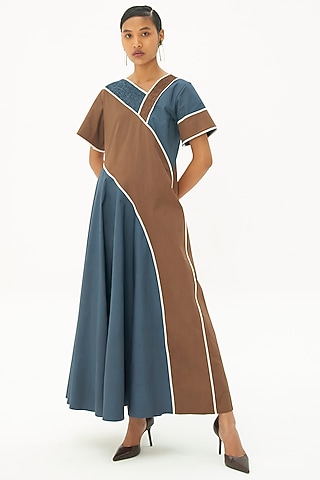 Dusty Blue & Brown Color Blocked Dress by Corpora Studio