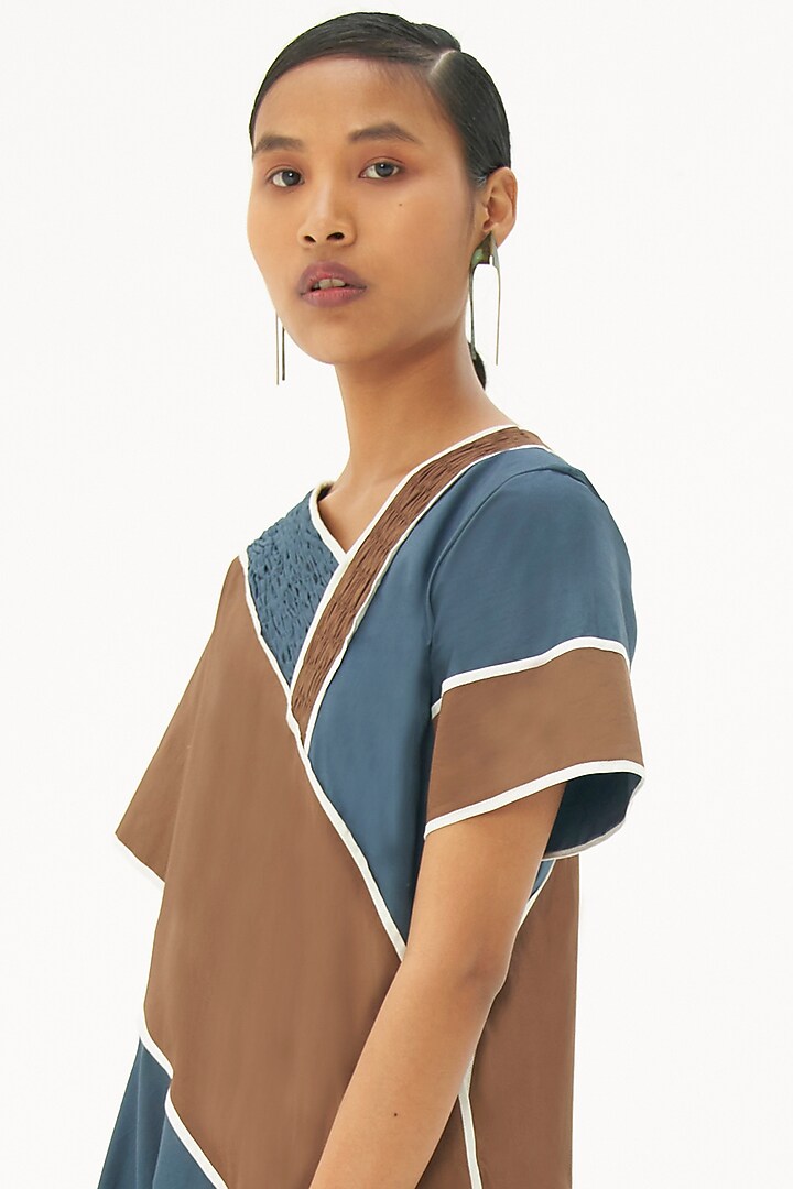 Dusty Blue & Brown Color Blocked Summer Dress by Corpora Studio at Pernia's Pop Up Shop