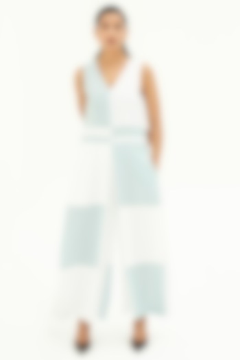 White & Powder Blue Color Blocked Jumpsuit by Corpora Studio at Pernia's Pop Up Shop