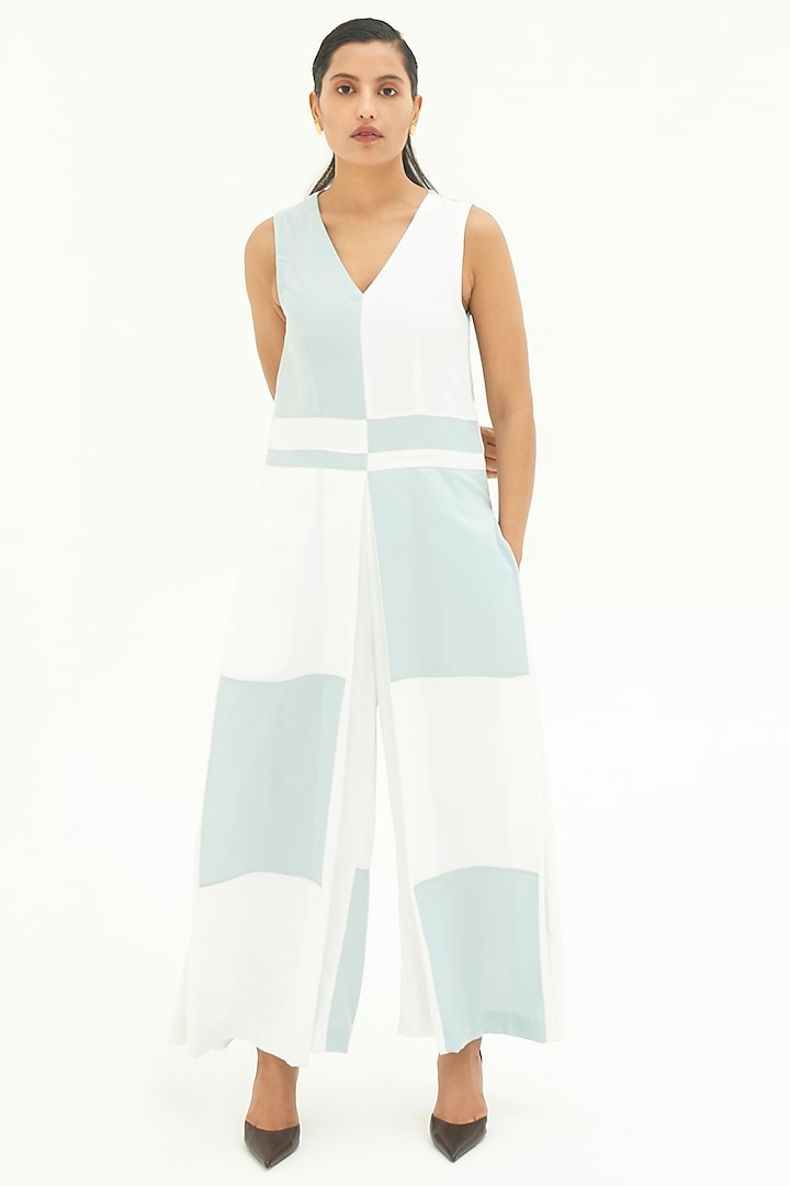 White & Powder Blue Color Blocked Jumpsuit by Corpora Studio