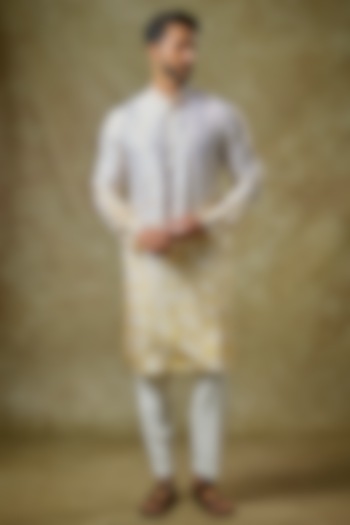 Yellow Mulberry Silk Printed Kurta by Coral by Seema Men at Pernia's Pop Up Shop