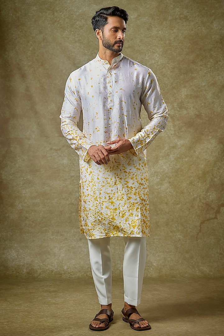 Yellow Mulberry Silk Printed Kurta by Coral by Seema Men at Pernia's Pop Up Shop