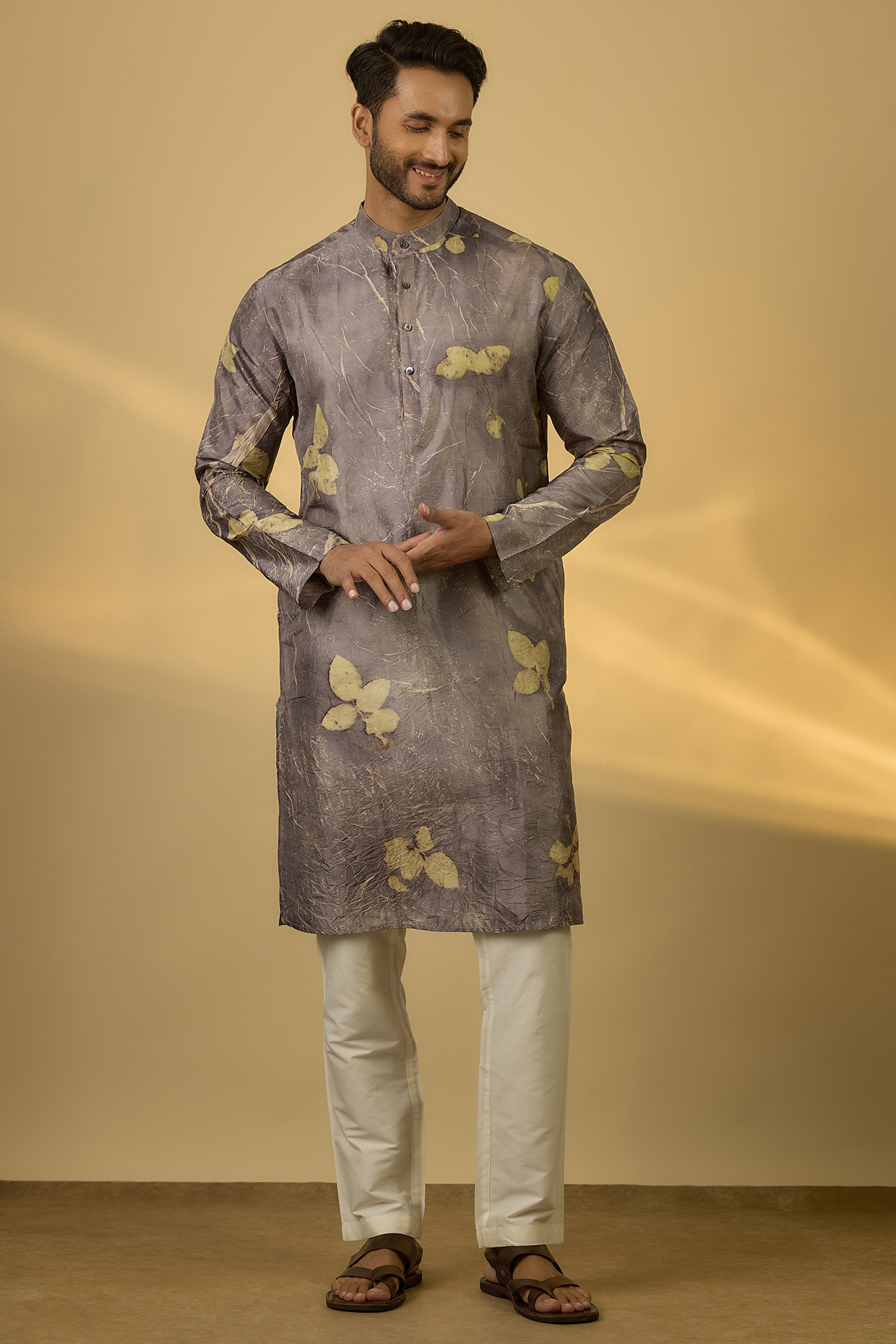 Light Grey Mulberry Silk Printed Kurta by Coral by Seema Men