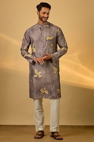Light Grey Mulberry Silk Printed Kurta by Coral by Seema Men