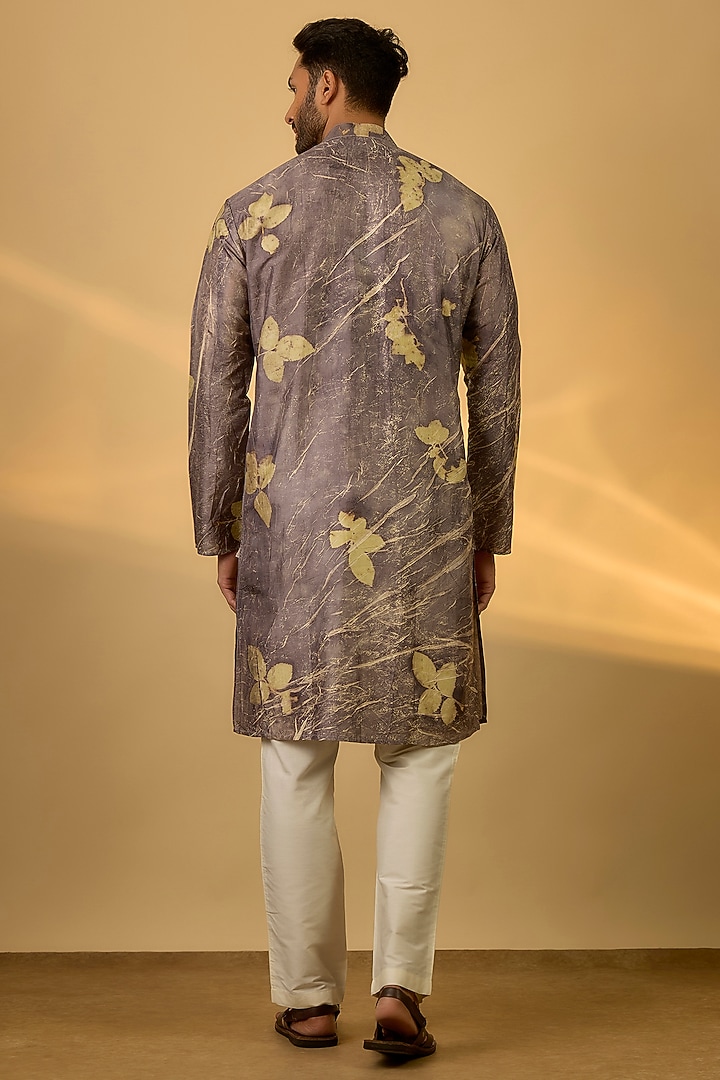 Light Grey Mulberry Silk Printed Kurta by Coral by Seema Men at Pernia's Pop Up Shop