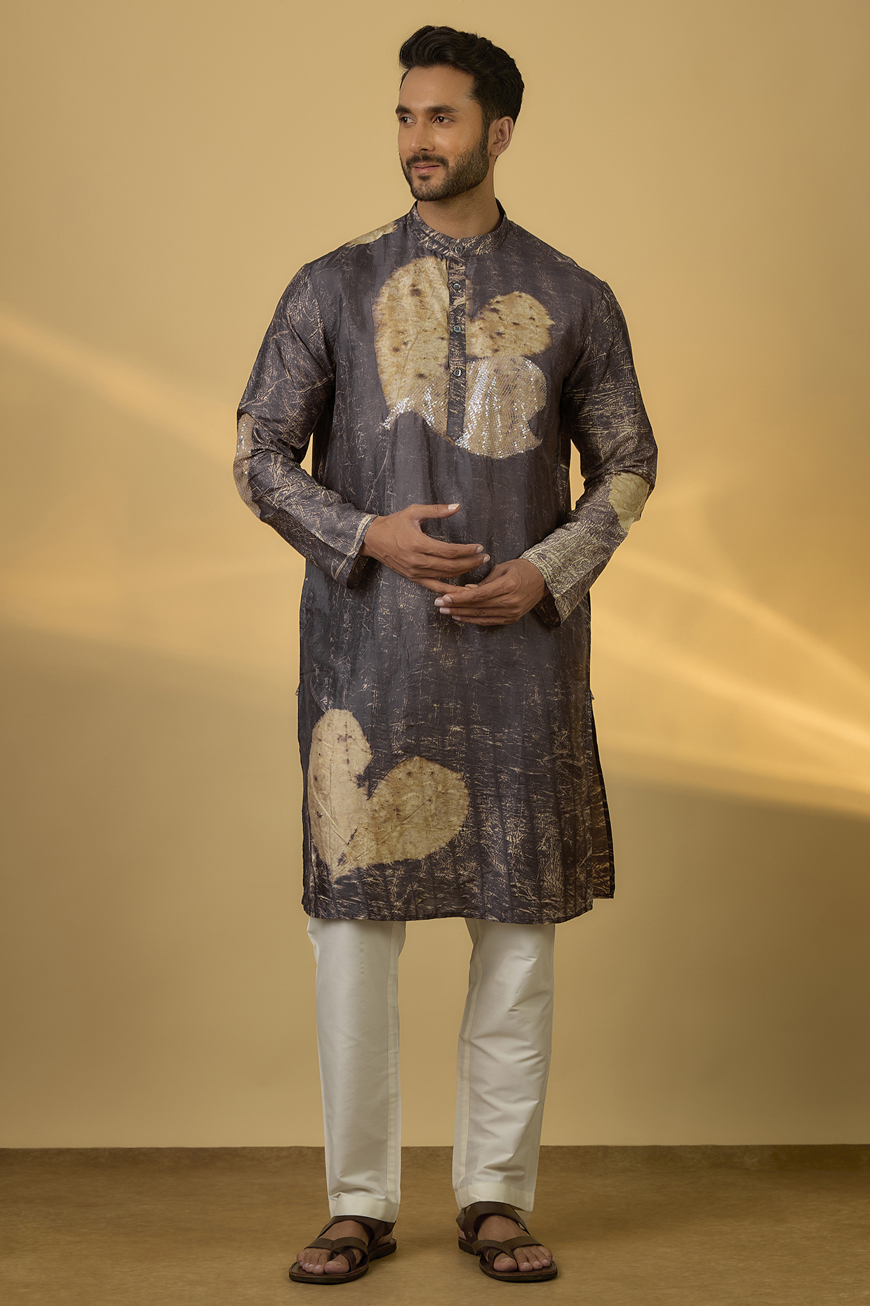 Grey Mulberry Silk Printed Kurta by Coral by Seema Men