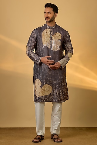 Grey Mulberry Silk Printed Kurta by Coral by Seema Men