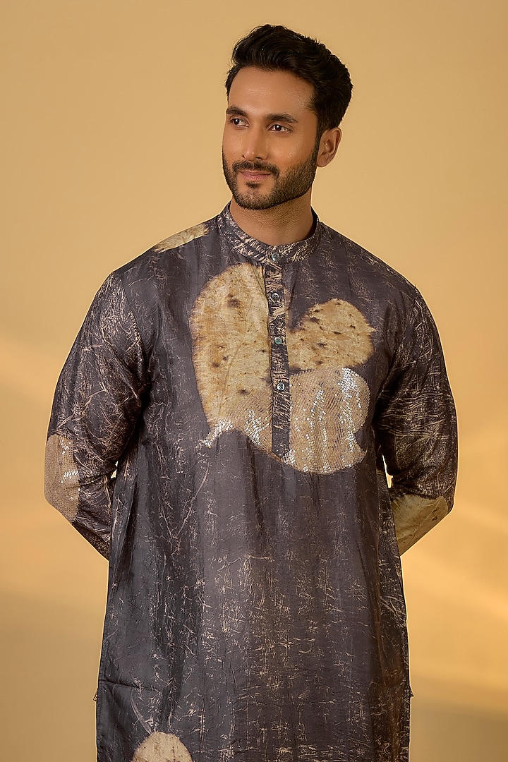 Grey Mulberry Silk Printed Kurta by Coral by Seema Men at Pernia's Pop Up Shop