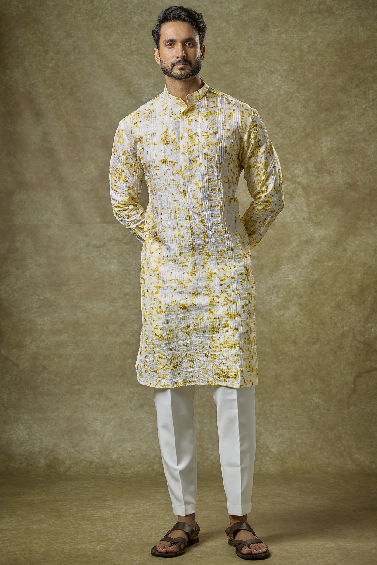 Yellow Mulberry Silk Printed Kurta by Coral by Seema Men