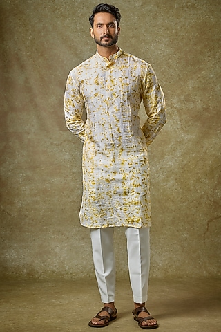Yellow Mulberry Silk Printed Kurta by Coral by Seema Men