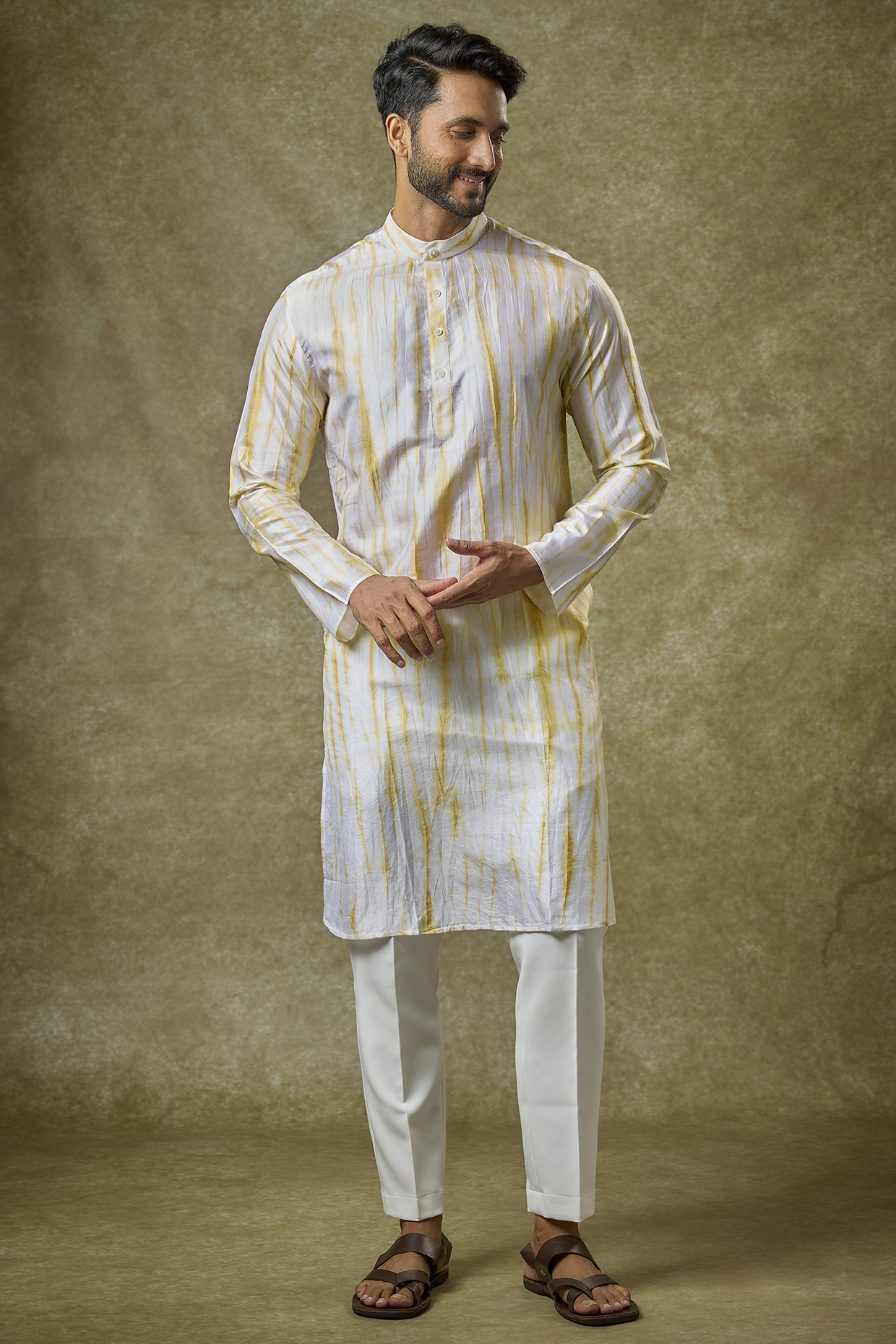 Yellow Mulberry Silk Printed Kurta by Coral by Seema Men