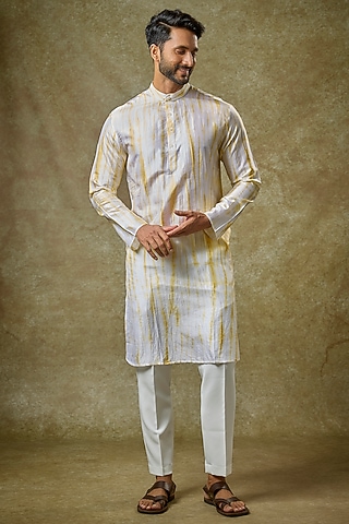Yellow Mulberry Silk Printed Kurta by Coral by Seema Men