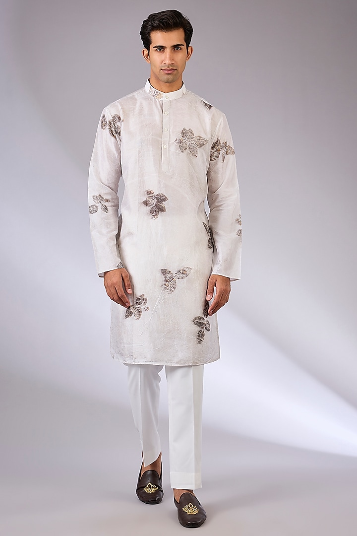White Mulberry Silk Printed Kurta by Coral by Seema Men