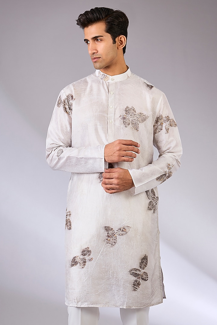 White Mulberry Silk Printed Kurta by Coral by Seema Men at Pernia's Pop Up Shop