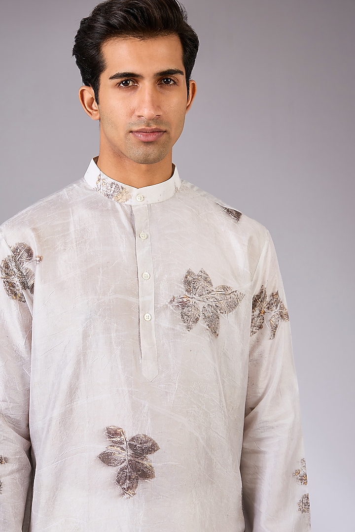 White Mulberry Silk Printed Kurta by Coral by Seema Men at Pernia's Pop Up Shop