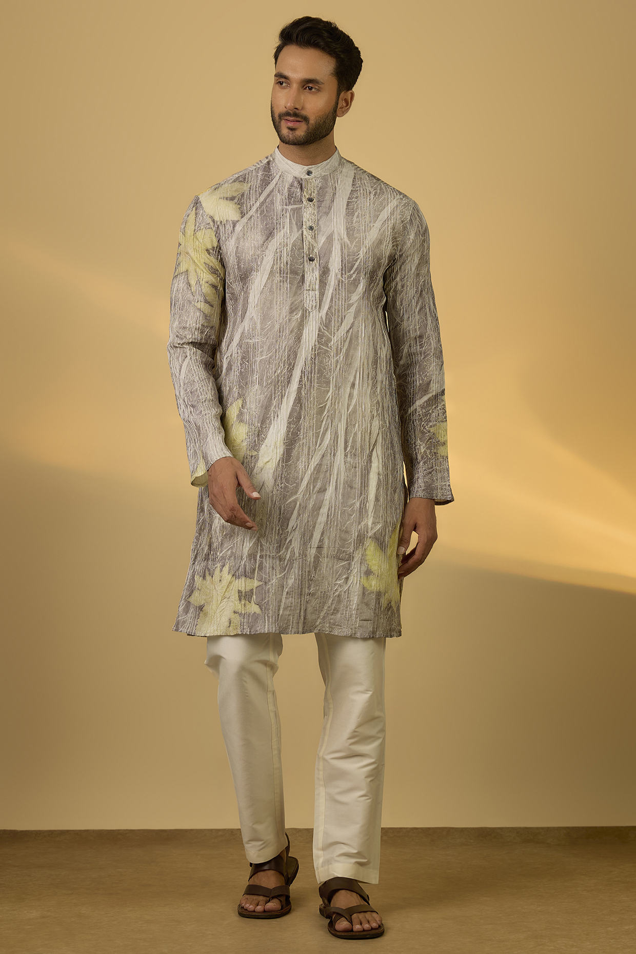 Grey Mulberry Silk Printed Kurta by Coral by Seema Men
