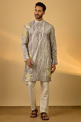 Grey Mulberry Silk Printed Kurta by Coral by Seema Men
