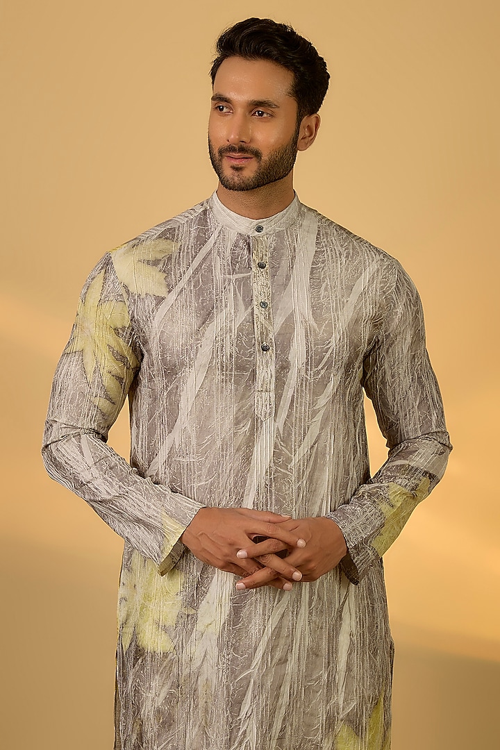 Grey Mulberry Silk Printed Kurta by Coral by Seema Men at Pernia's Pop Up Shop