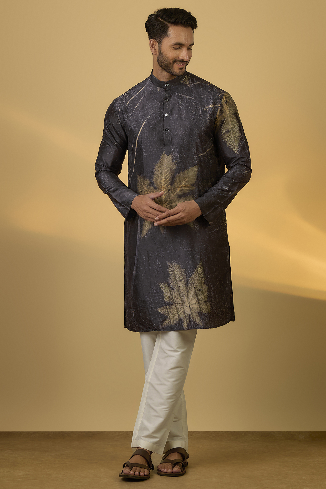 Charcoal Mulberry Silk Printed Kurta by Coral by Seema Men