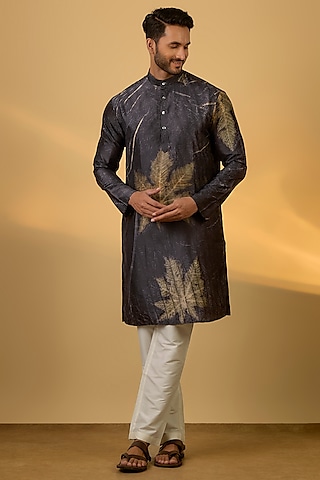 Charcoal Mulberry Silk Printed Kurta by Coral by Seema Men