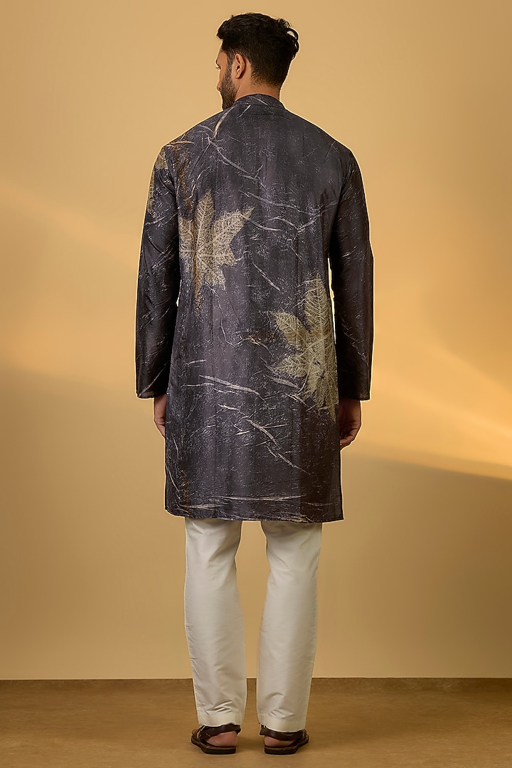 Charcoal Mulberry Silk Printed Kurta by Coral by Seema Men at Pernia's Pop Up Shop