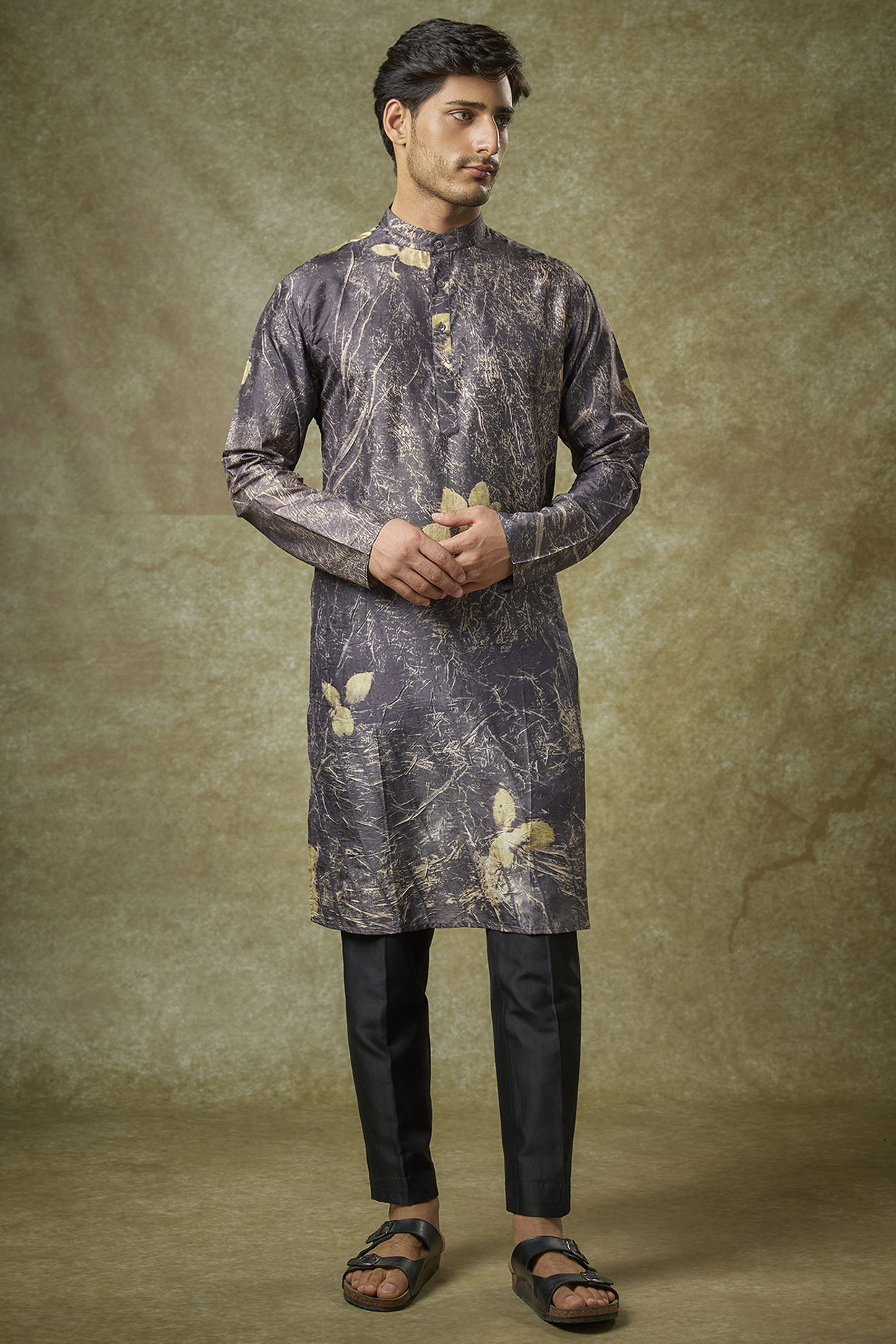 Grey Mulberry Silk Printed Kurta by Coral by Seema Men