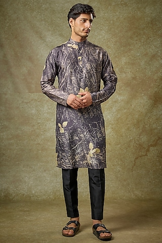 Grey Mulberry Silk Printed Kurta by Coral by Seema Men