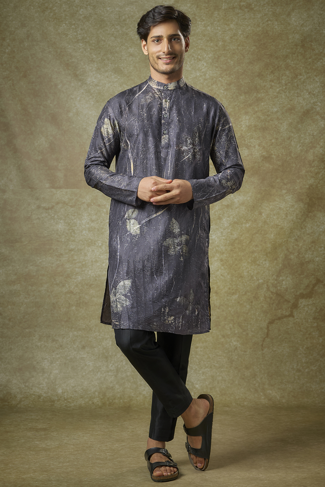 Charcoal Mulberry Silk Printed Kurta by Coral by Seema Men