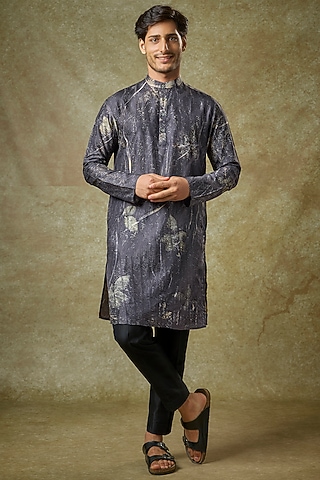 Charcoal Mulberry Silk Printed Kurta by Coral by Seema Men