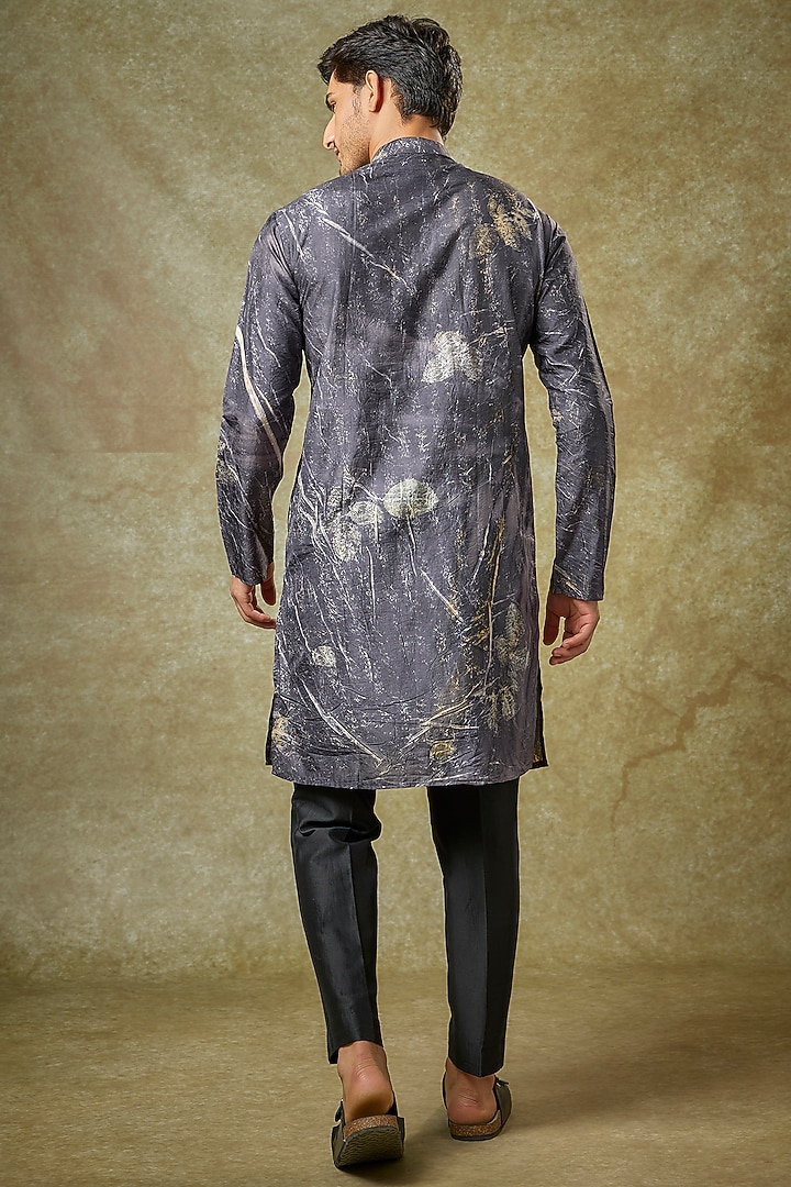 Charcoal Mulberry Silk Printed Kurta by Coral by Seema Men at Pernia's Pop Up Shop