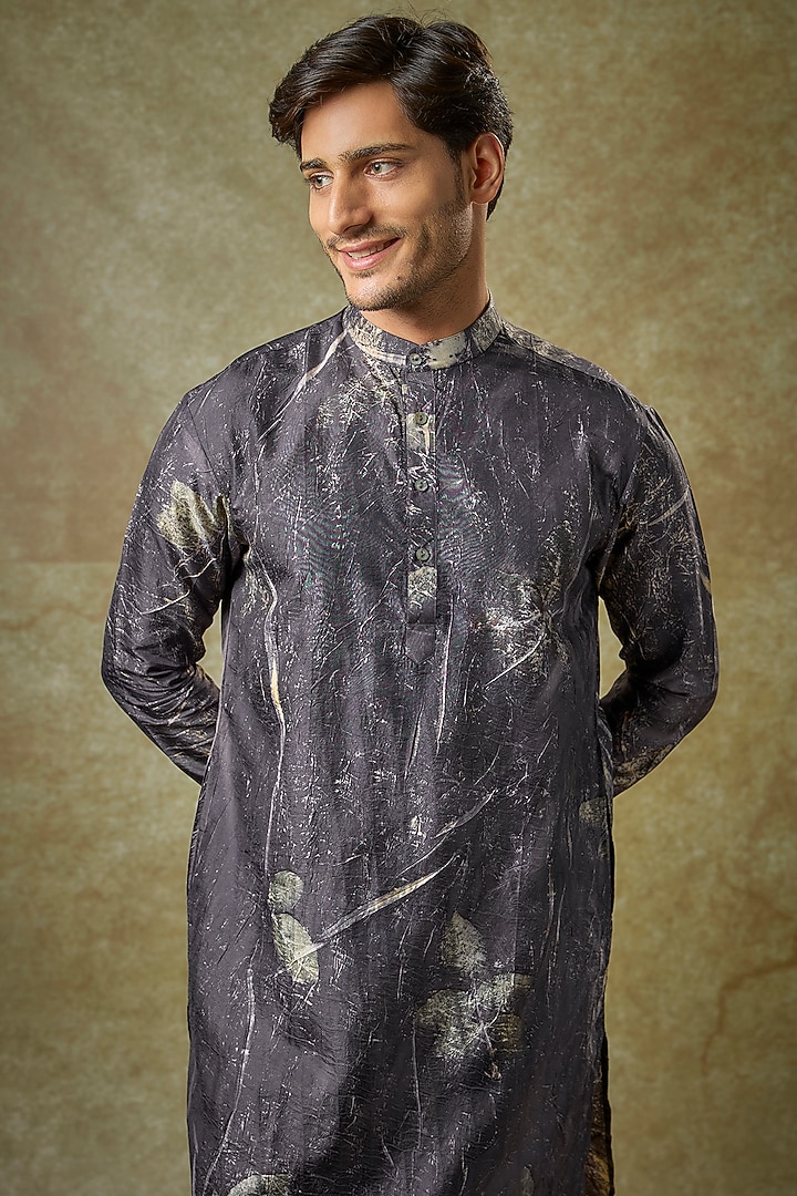 Charcoal Mulberry Silk Printed Kurta by Coral by Seema Men at Pernia's Pop Up Shop