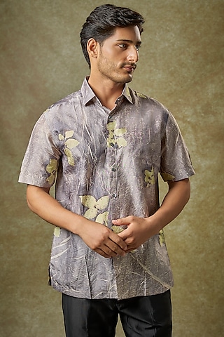 Grey Mulberry Silk Shirt by Coral by Seema Men