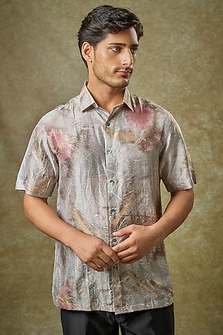 White & Grey Mulberry Silk Shirt by Coral by Seema Men