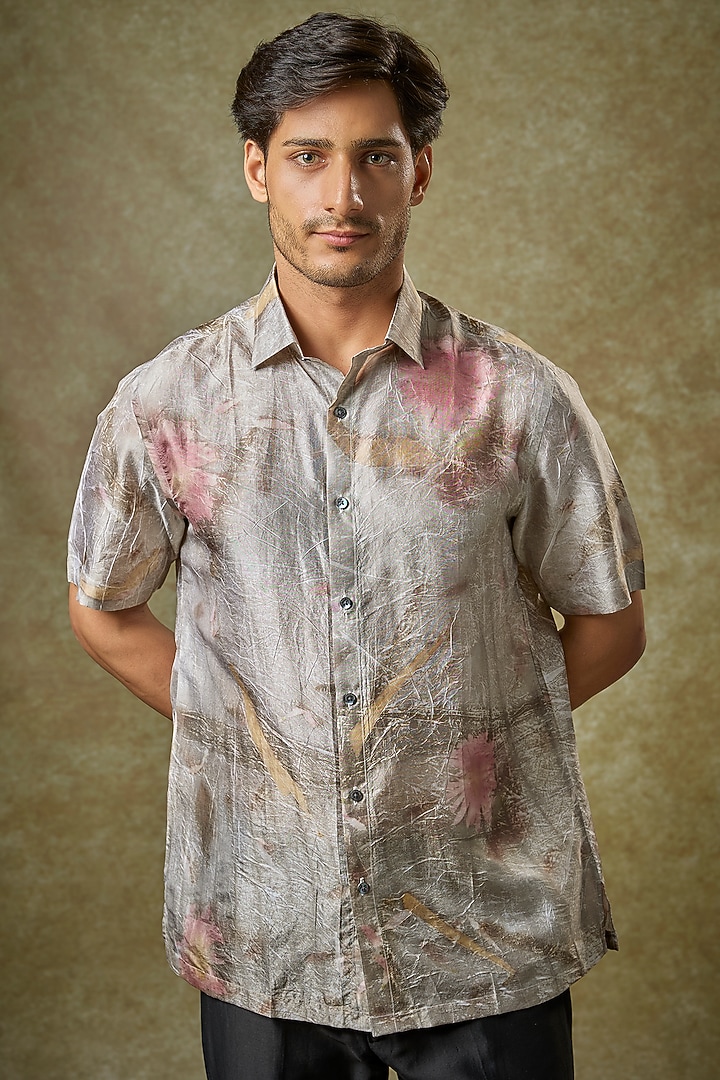 White & Grey Mulberry Silk Party Wear Shirt by Coral by Seema Men at Pernia's Pop Up Shop