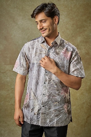 Grey Mulberry Silk Shirt by Coral by Seema Men