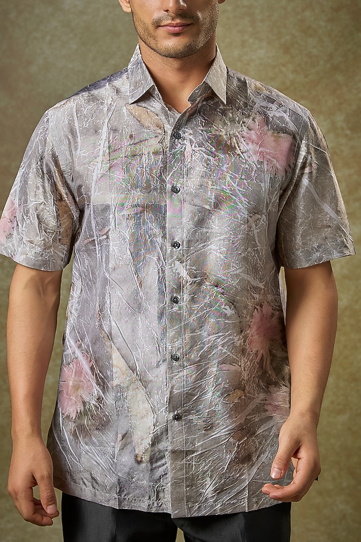 Grey Mulberry Silk Party Wear Shirt by Coral by Seema Men at Pernia's Pop Up Shop
