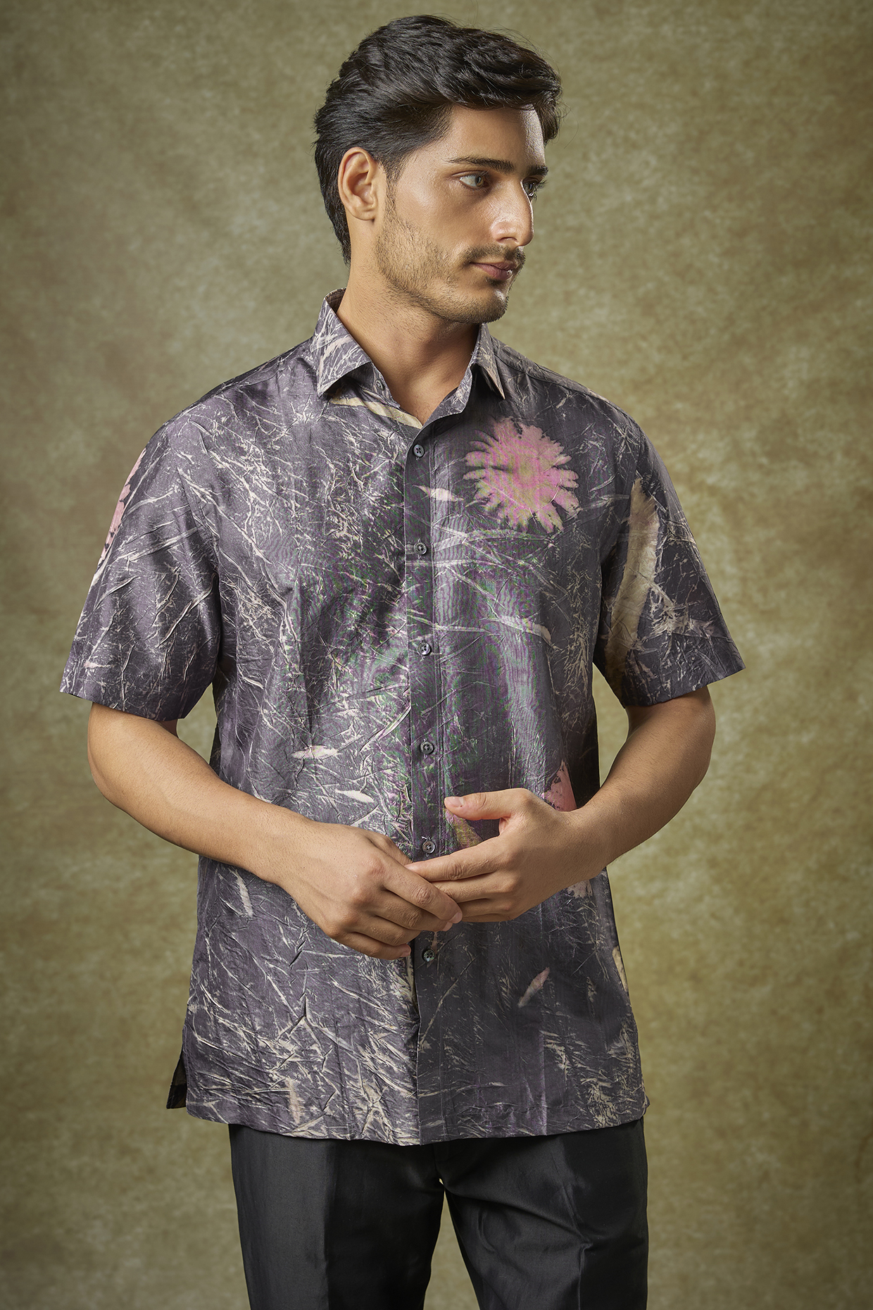 Dark Grey Mulberry Silk Shirt by Coral by Seema Men