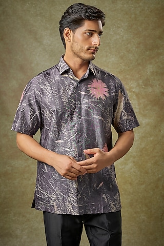 Dark Grey Mulberry Silk Shirt by Coral by Seema Men