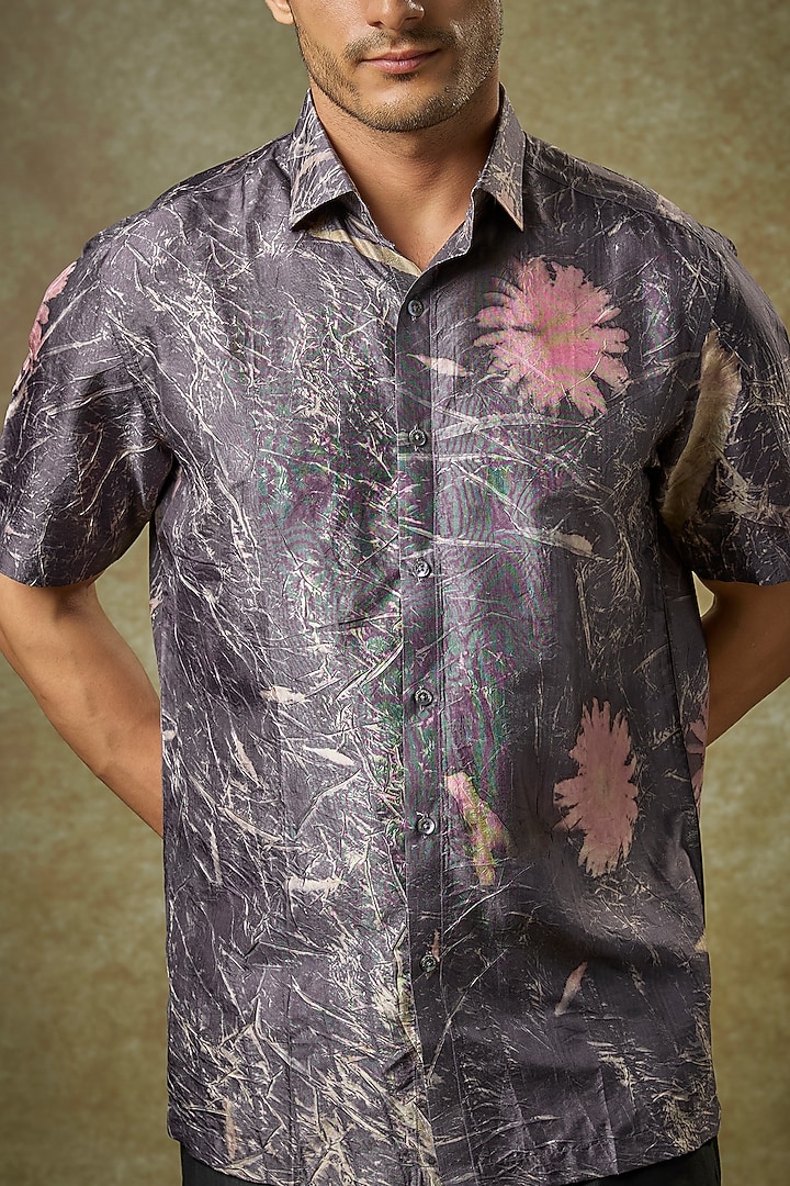 Dark Grey Mulberry Silk Party Wear Shirt by Coral by Seema Men at Pernia's Pop Up Shop
