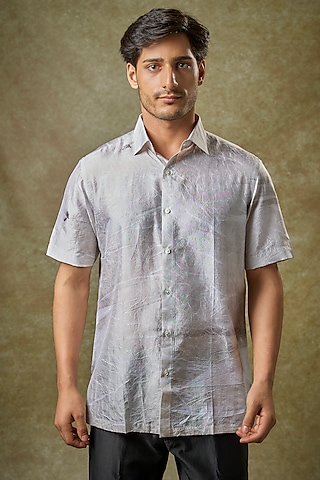 Light Grey Mulberry Silk Shirt by Coral by Seema Men