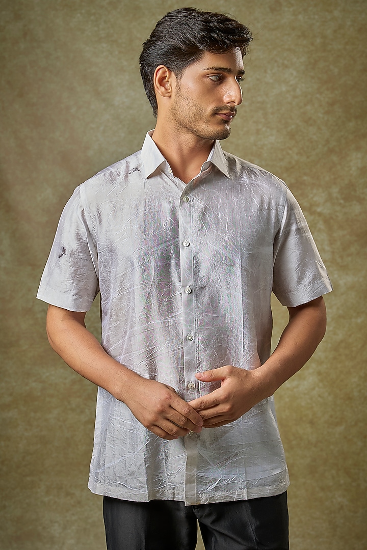 Light Grey Mulberry Silk Party Wear Shirt by Coral by Seema Men at Pernia's Pop Up Shop