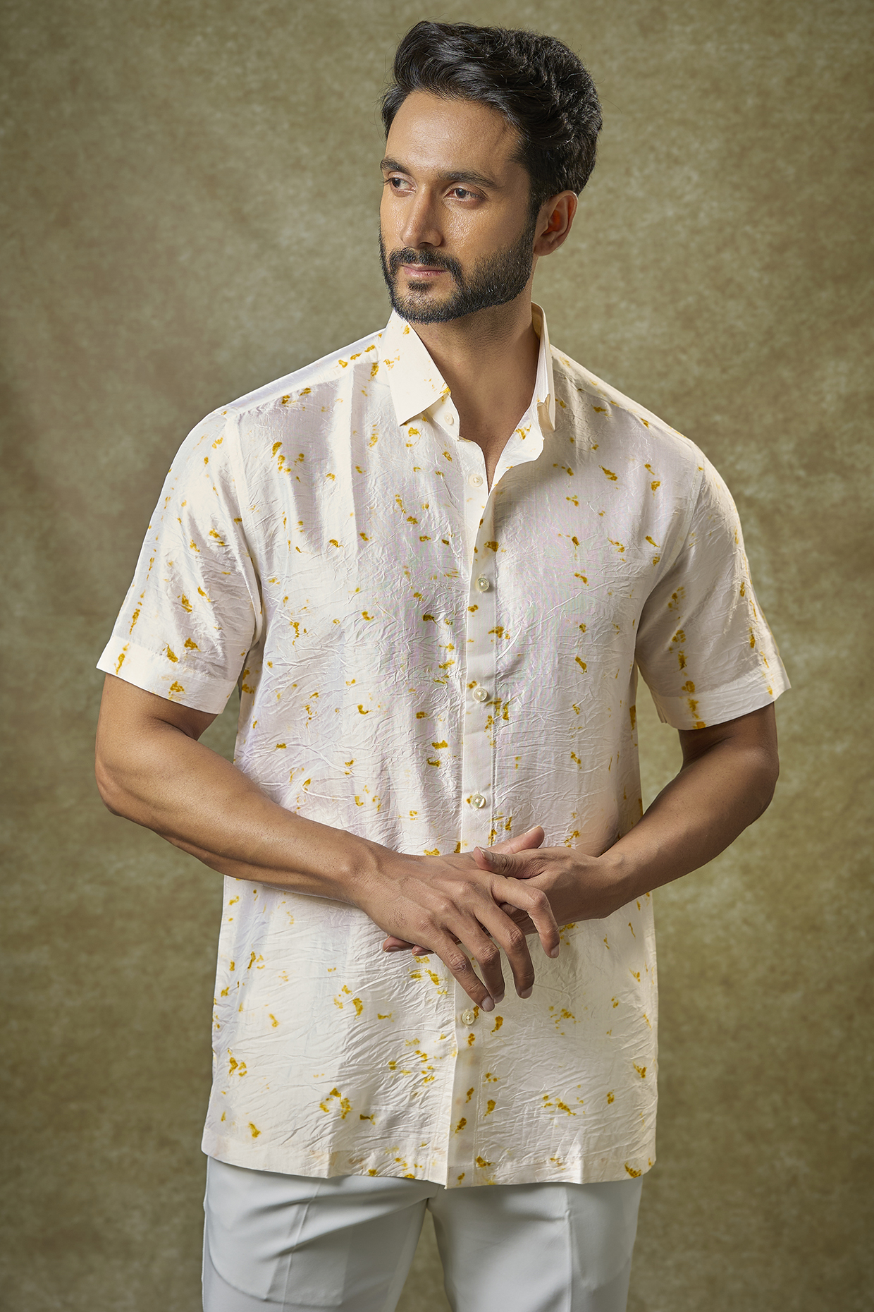 Ivory Mulberry Silk Printed Shirt by Coral by Seema Men