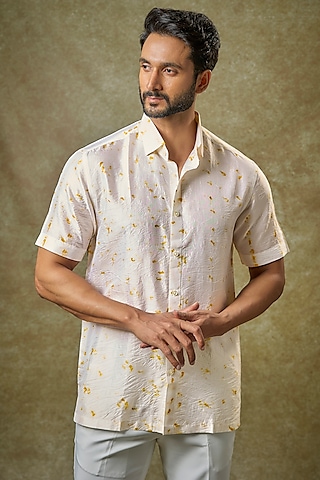 Ivory Mulberry Silk Printed Shirt by Coral by Seema Men