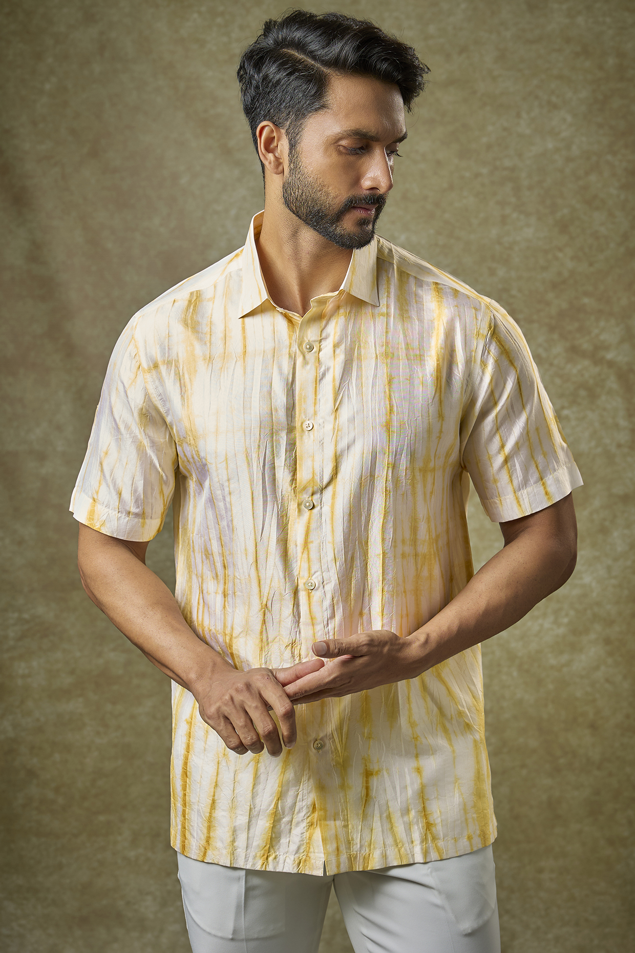 Yellow Mulberry Silk Shirt by Coral by Seema Men